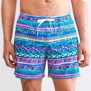 chubbies Retronators Stretch Swim Trunks Aztec-Pattern Blue & Pink sz Small